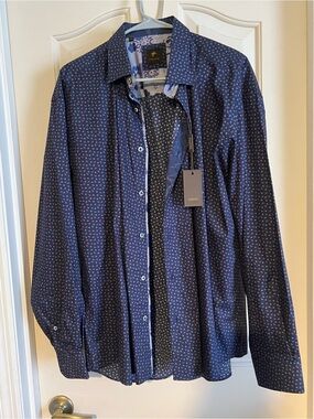 Esprit Men’s Navy Button-Down Shirt with Red Micro Dot Print